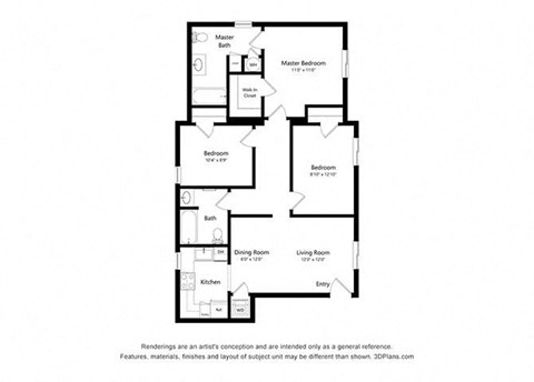 Floor plan for 3 beds, 2 baths, 971 sqft